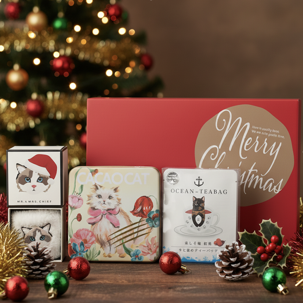 クリスマス限定ボックス付】ハンカチとチョコと紅茶のねこちゃんセット